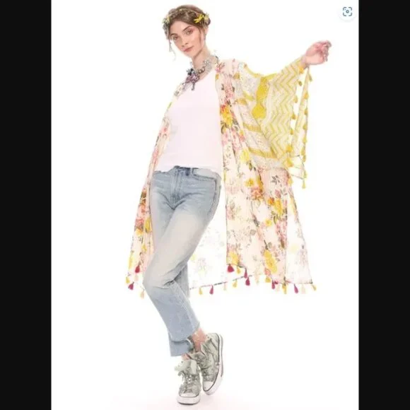 Aratta Silent Journey Floral Boho Color Story Kimono with fringe One size NWT
